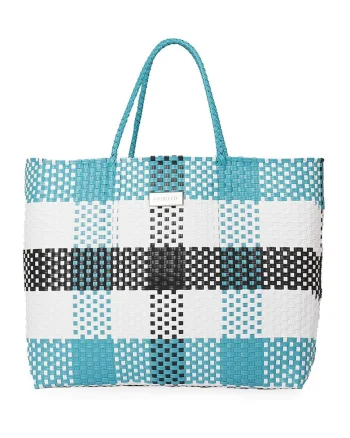 Geanta shopper in carouri cu aspect impletit Pococi, Alb/Verde/Negru