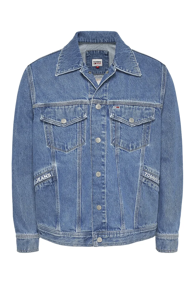 Jacheta de denim cu imprimeu logo supradimensionat, Albastru