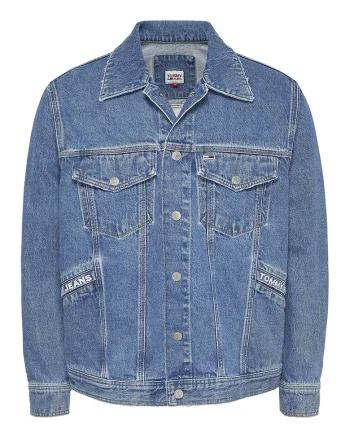 Jacheta de denim cu imprimeu logo supradimensionat, Albastru
