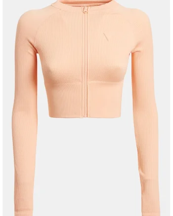 Bluza crop cu fermoar si maneci raglan pentru fitness, Piersica