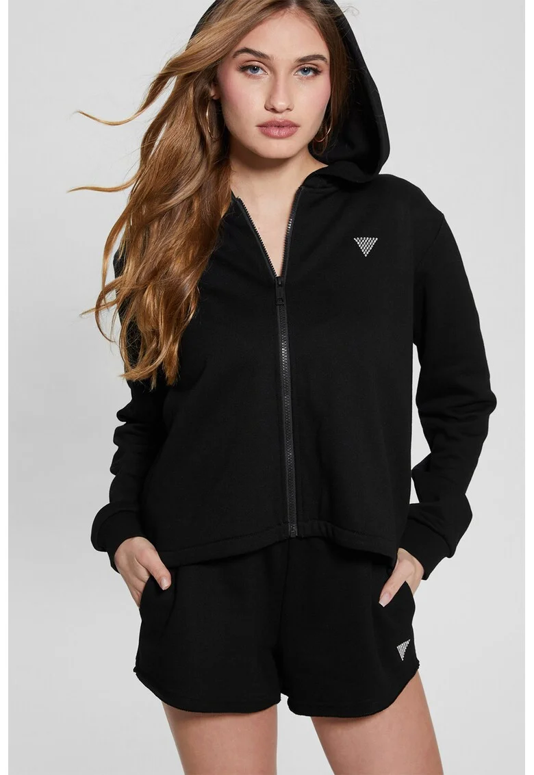 Hanorac cu fermoar si model uni, pentru fitness, Negru