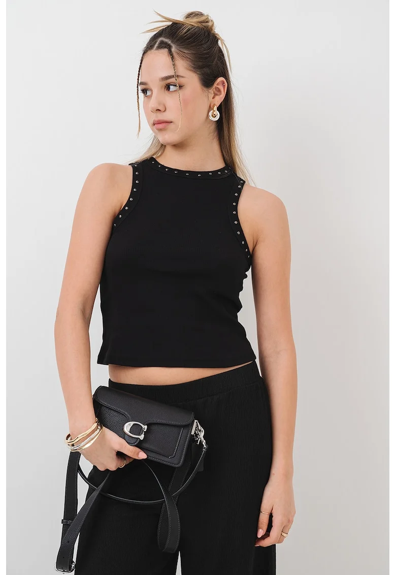 Top slim fit cu nituri metalice Jean, Negru