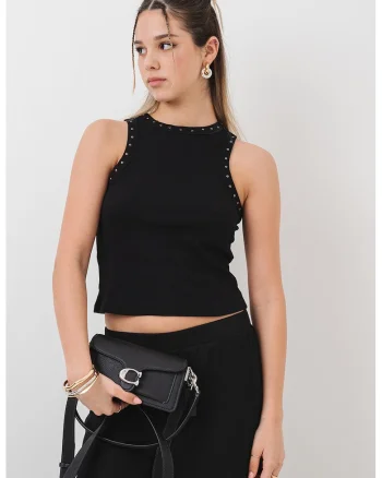 Top slim fit cu nituri metalice Jean, Negru