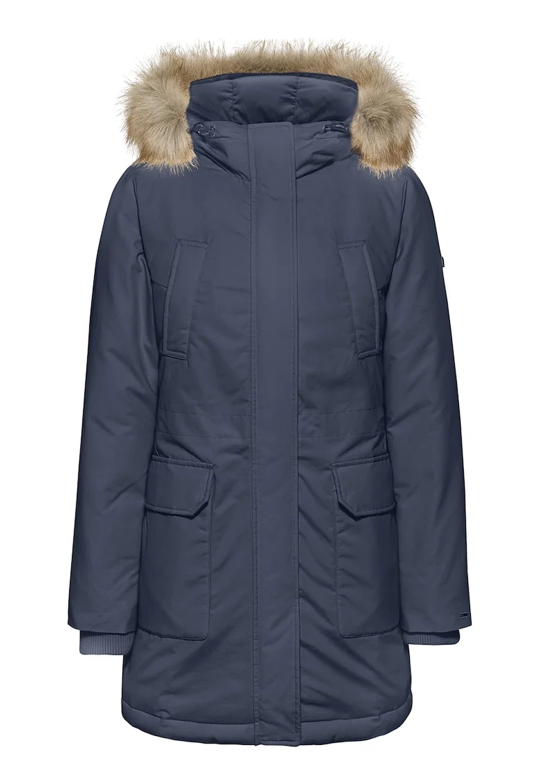 Geaca parka cu umplutura de puf si garnitura din blana sintetica, Bleumarin
