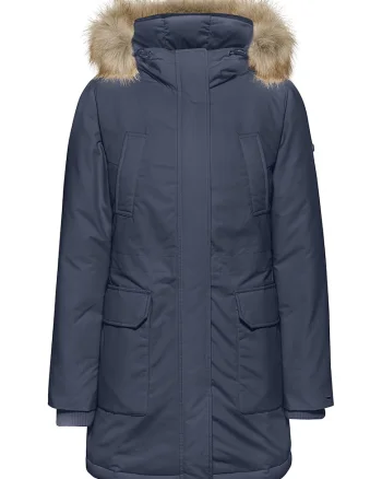 Geaca parka cu umplutura de puf si garnitura din blana sintetica, Bleumarin