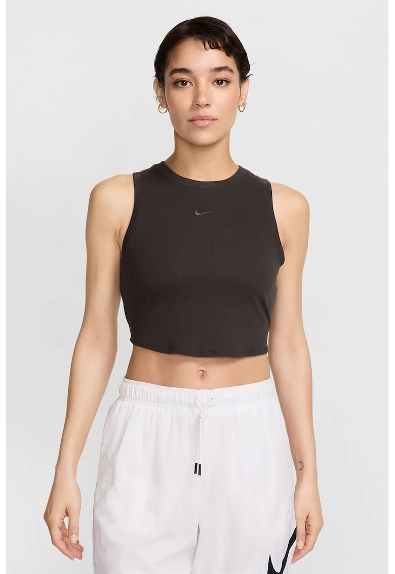 Top crop din amestec de lyocell cu detaliu logo, Maro inchis
