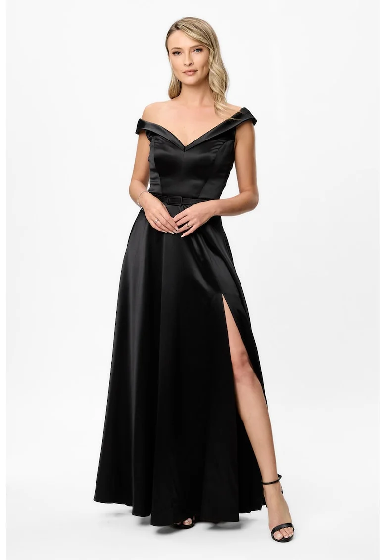 Rochie cu decolteu pe umeri si slit lateral adanc, Negru