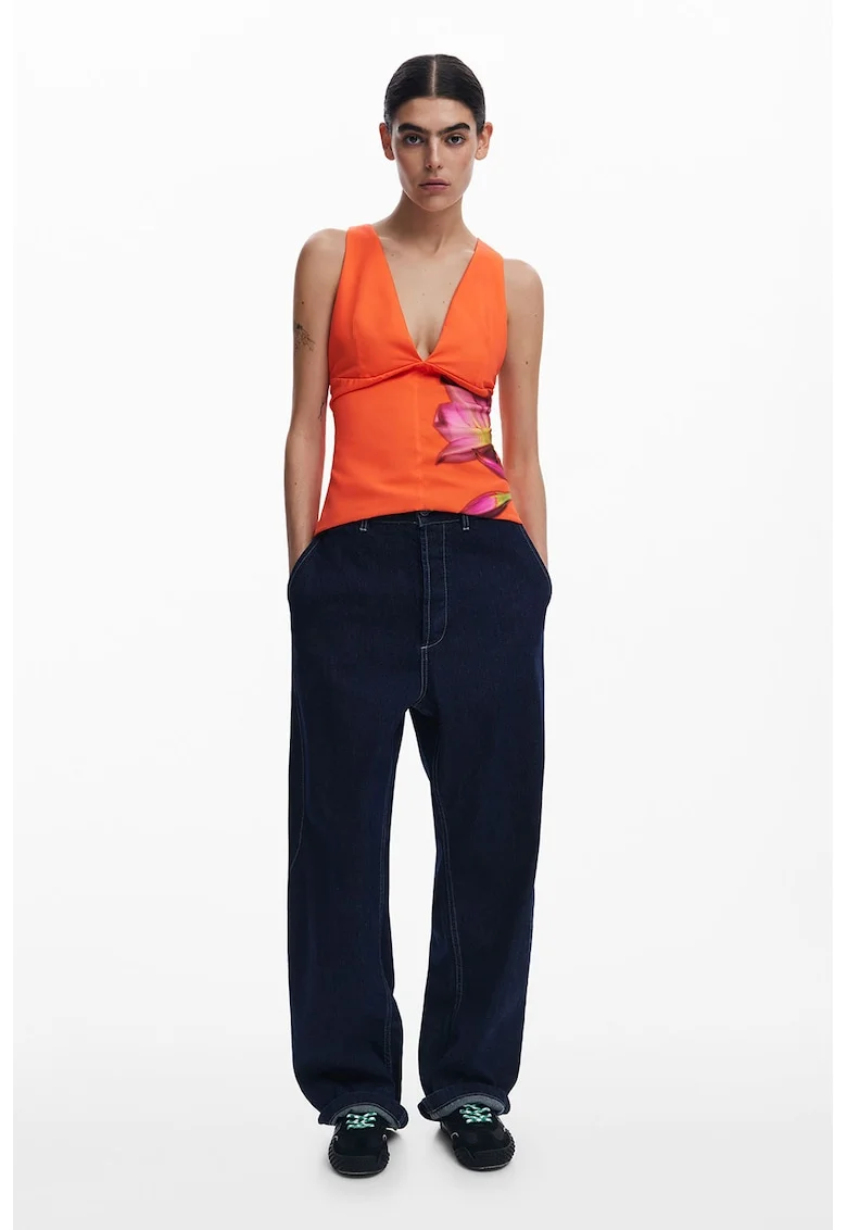 Top cu imprimeu floral si decolteu adanc in V, Fucsia/Portocaliu mandarina/Verde aquamarin