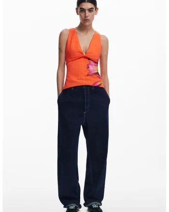 Top cu imprimeu floral si decolteu adanc in V, Fucsia/Portocaliu mandarina/Verde aquamarin
