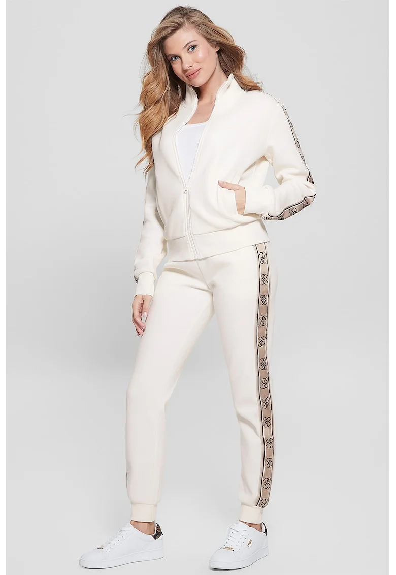 Pantaloni de trening cu croiala conica si segmente laterale cu logo, Crem