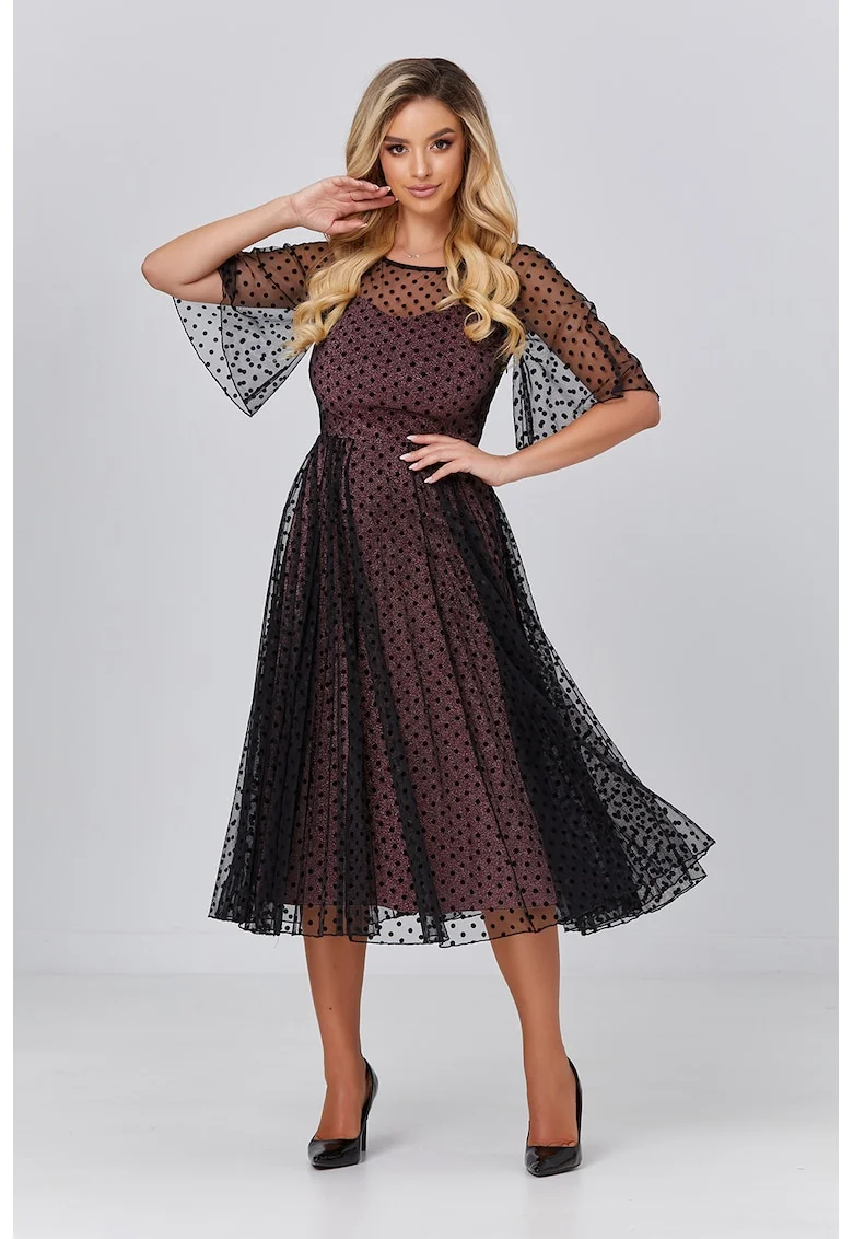 Rochie midi evazata cu maneci transparente, Negru/Roz