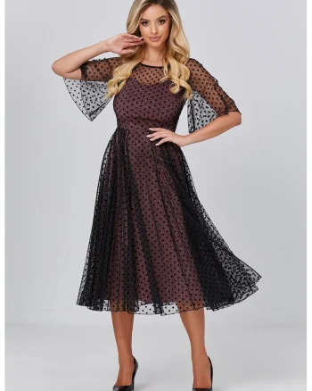 Rochie midi evazata cu maneci transparente, Negru/Roz