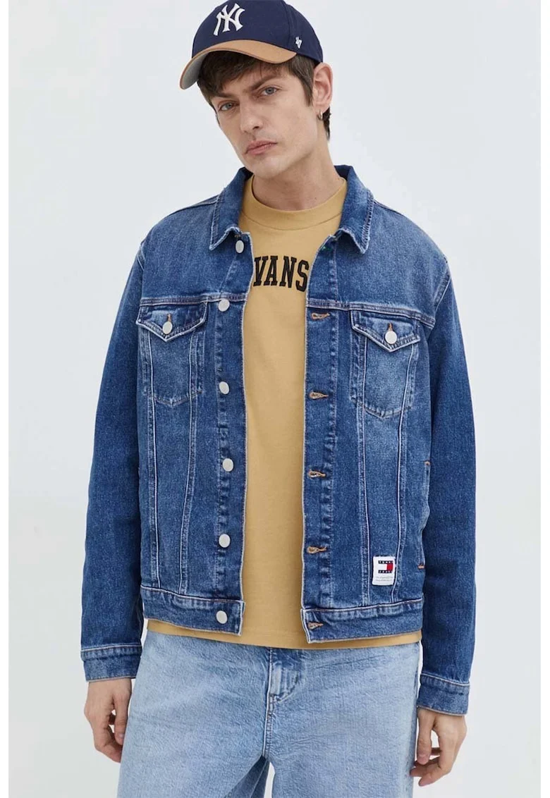 Jacheta din denim cu aspect decolorat, Albastru