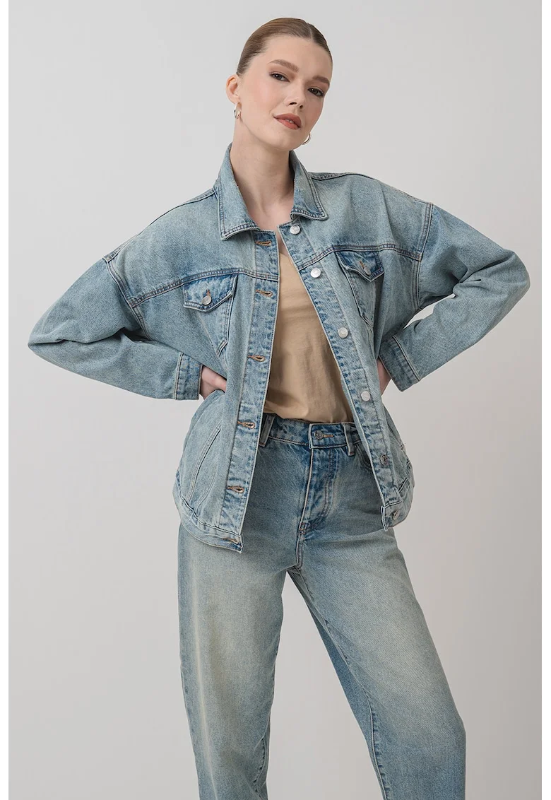 Jacheta din denim cu maneci cazute, Albastru deschis