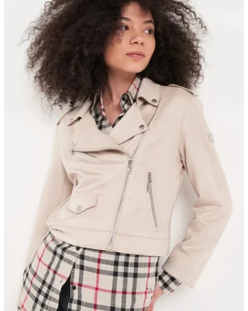 Jacheta biker crop din piele ecologica, Bej deschis