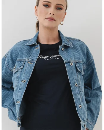 Jacheta crop relaxed fit din denim, Albastru deschis