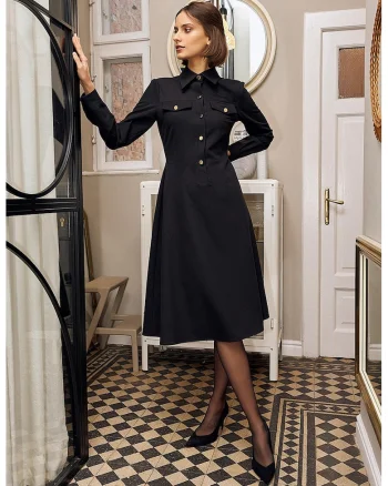 Rochie midi evazata cu guler ascutit, Negru