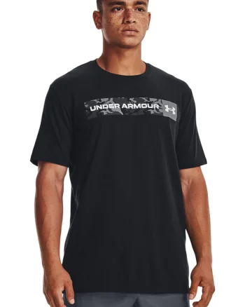 Tricou cu decolteu la baza gatului si imprimeu logo cu camuflaj, Negru