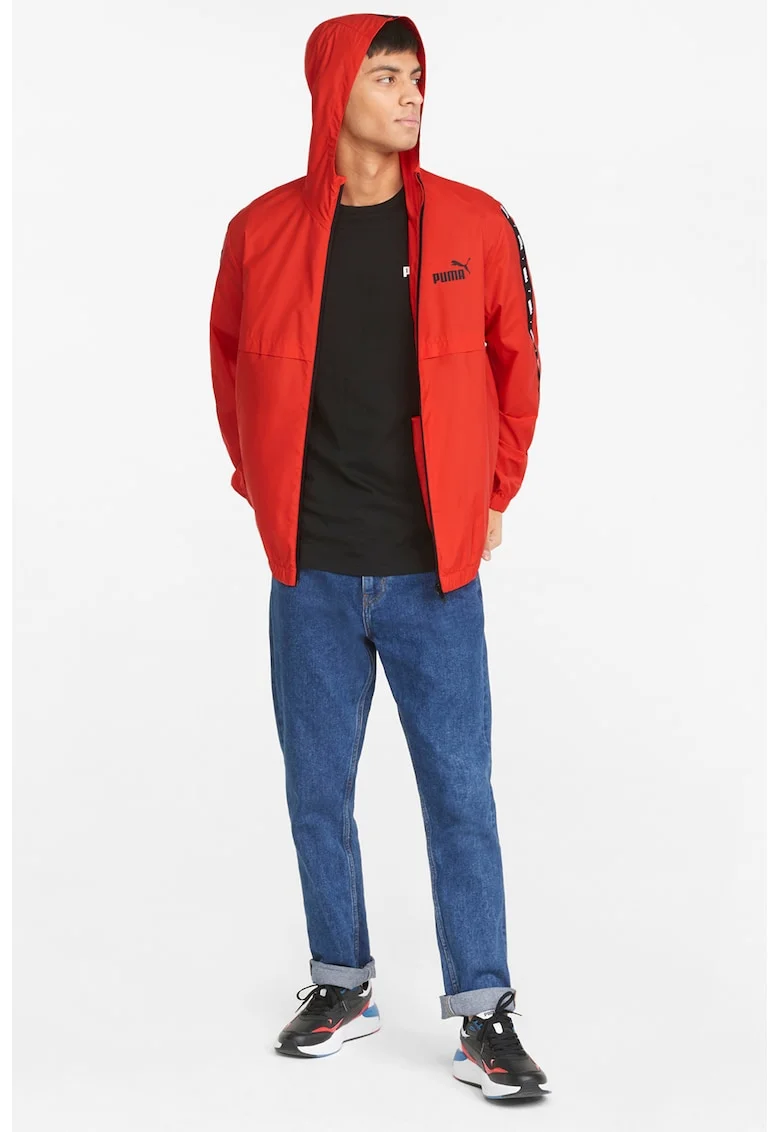 Jacheta cu gluga si logo Essentials Windbreaker, Alb/Rosu vermillion