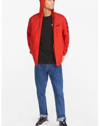 Jacheta cu gluga si logo Essentials Windbreaker, Alb/Rosu vermillion