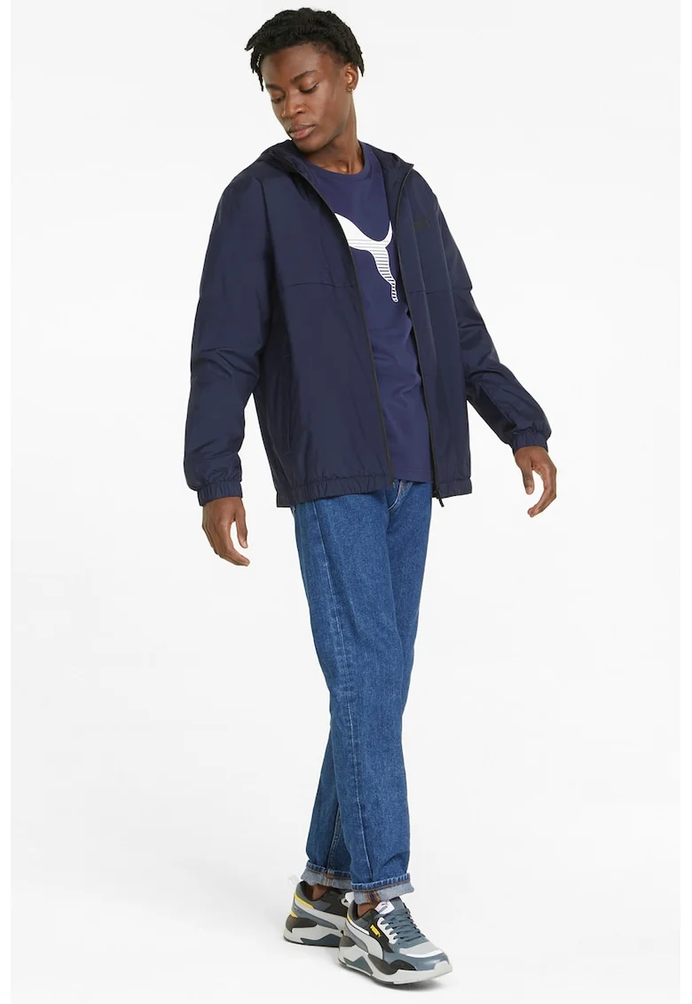 Jacheta windbreaker cu gluga Essentials Solid, Negru/Bleumarin