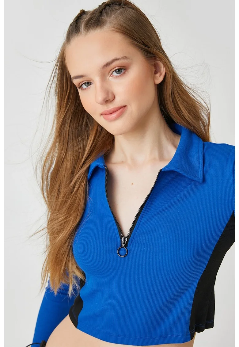 Bluza crop polo, Negru/Albastru royal