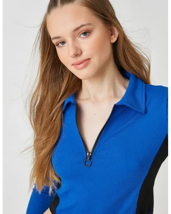 Bluza crop polo, Negru/Albastru royal