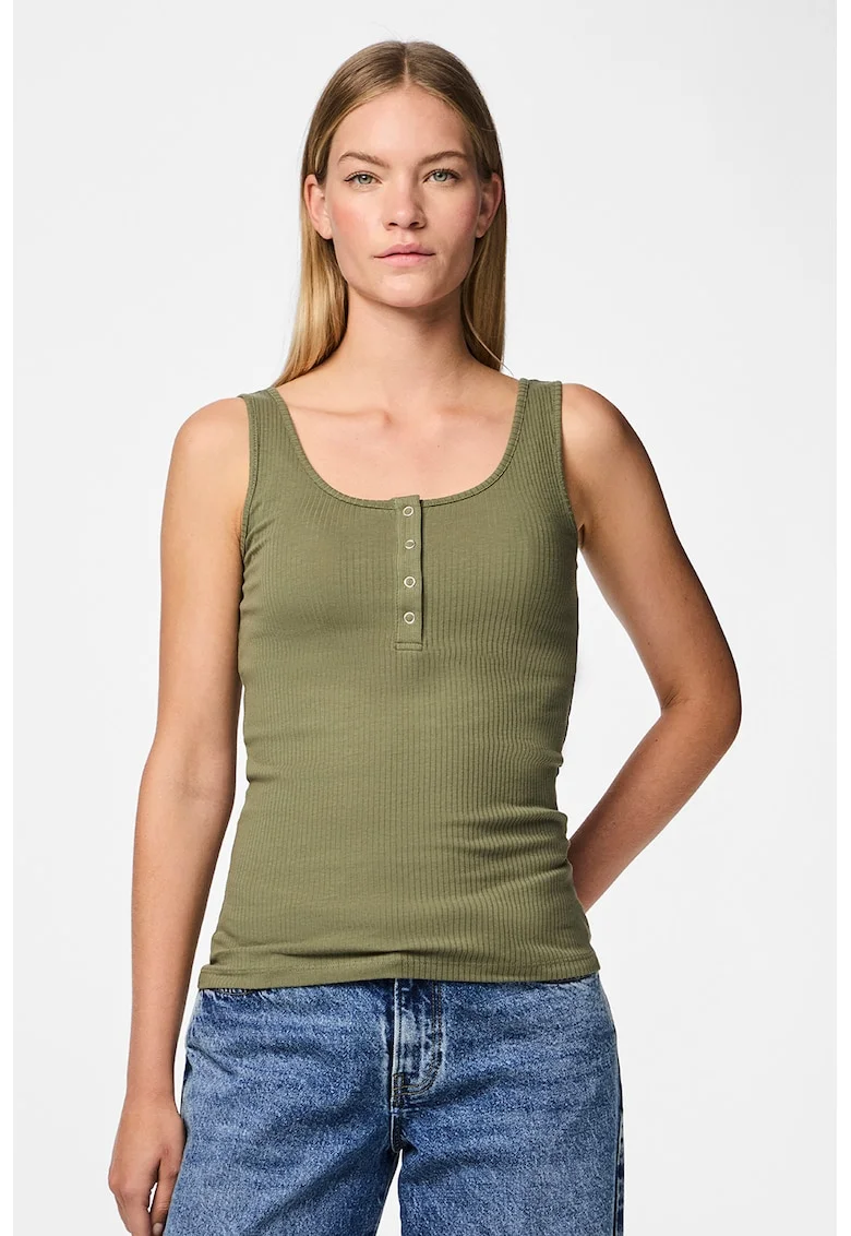 Top din amestec de bumbac organic cu decolteu henley, Verde