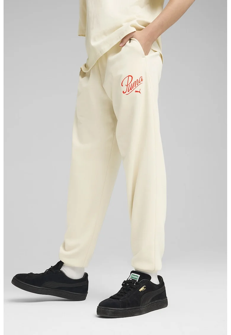 Pantaloni de trening din amestec de bumbac cu imprimeu logo, Crem