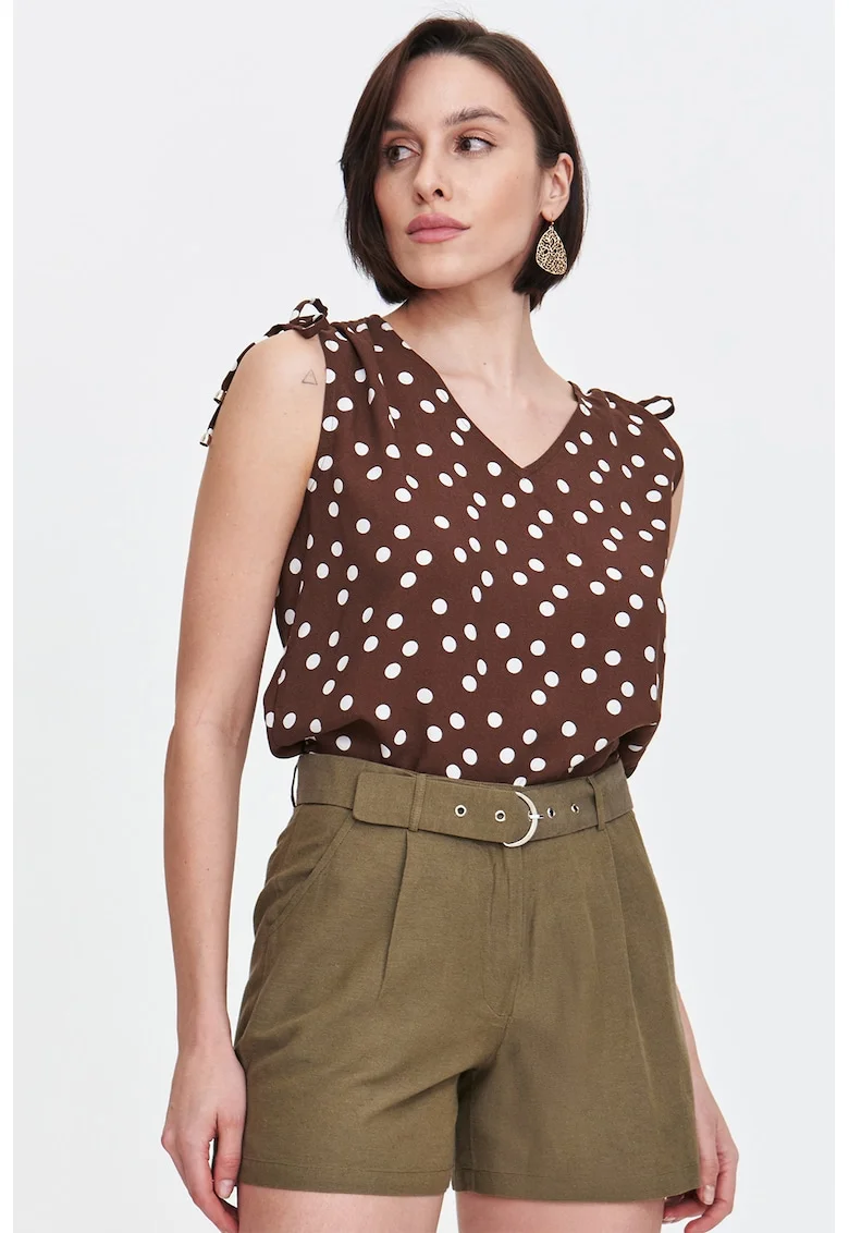 Tricou cu decolteu in V, cu model si funda, Alb/Maro