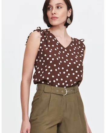 Tricou cu decolteu in V, cu model si funda, Alb/Maro