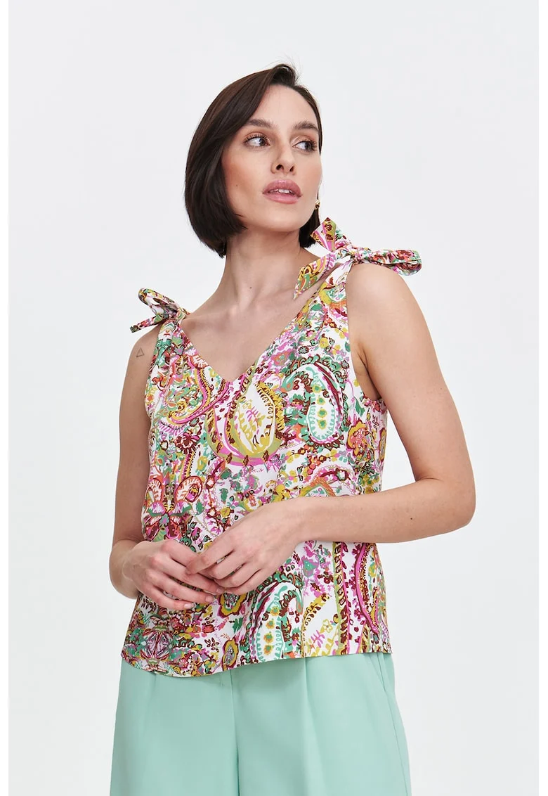Top cu decolteu in V si model paisley si funda, Alb/Verde deschis/Roz