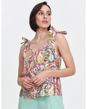 Top cu decolteu in V si model paisley si funda, Alb/Verde deschis/Roz