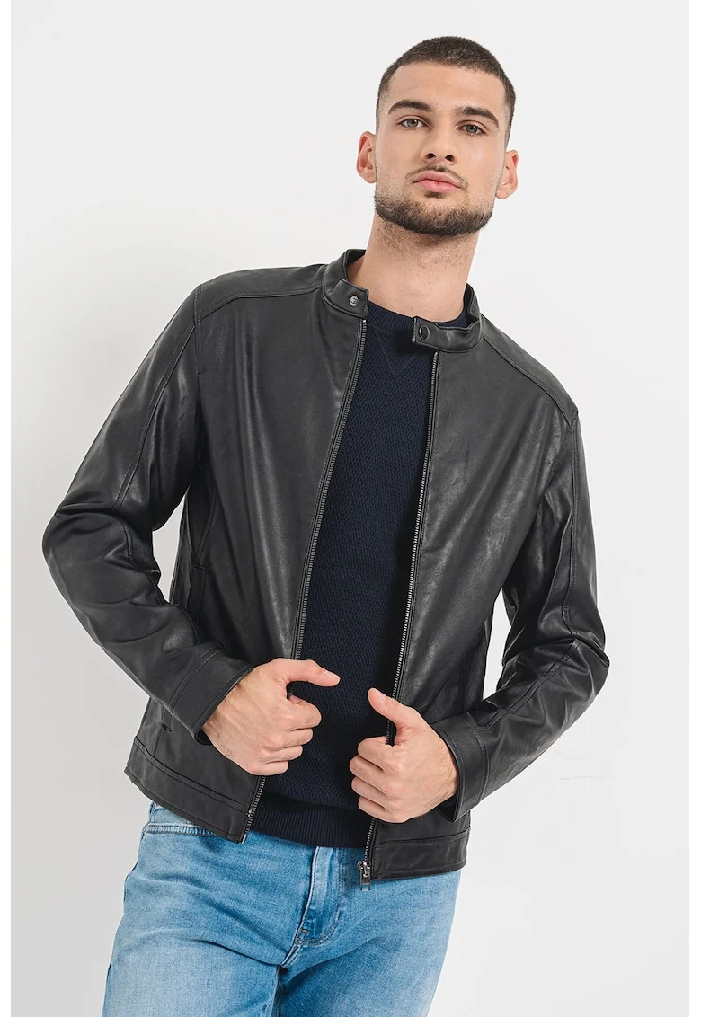 Jacheta regular fit cu fermoar, Negru