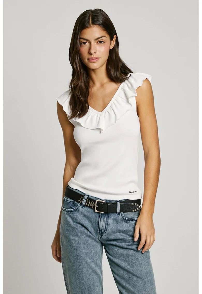Top slim fit cu volane, Alb
