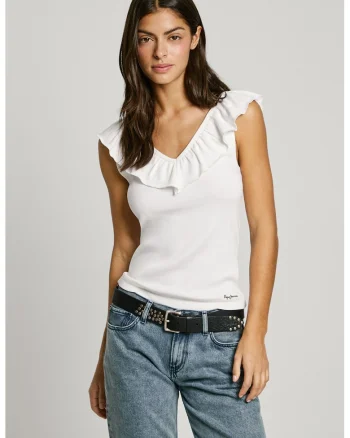 Top slim fit cu volane, Alb