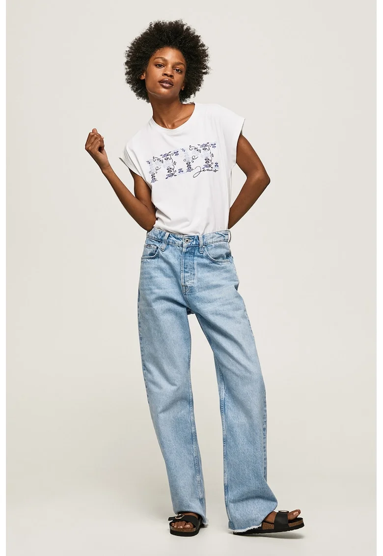 Tricou de bumbac cu detalii brodate, Alb