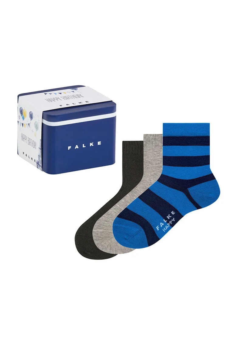 Set de sosete lungi cu model + ambalaj personalizat - 3 perechi, Gri melange/Albastru