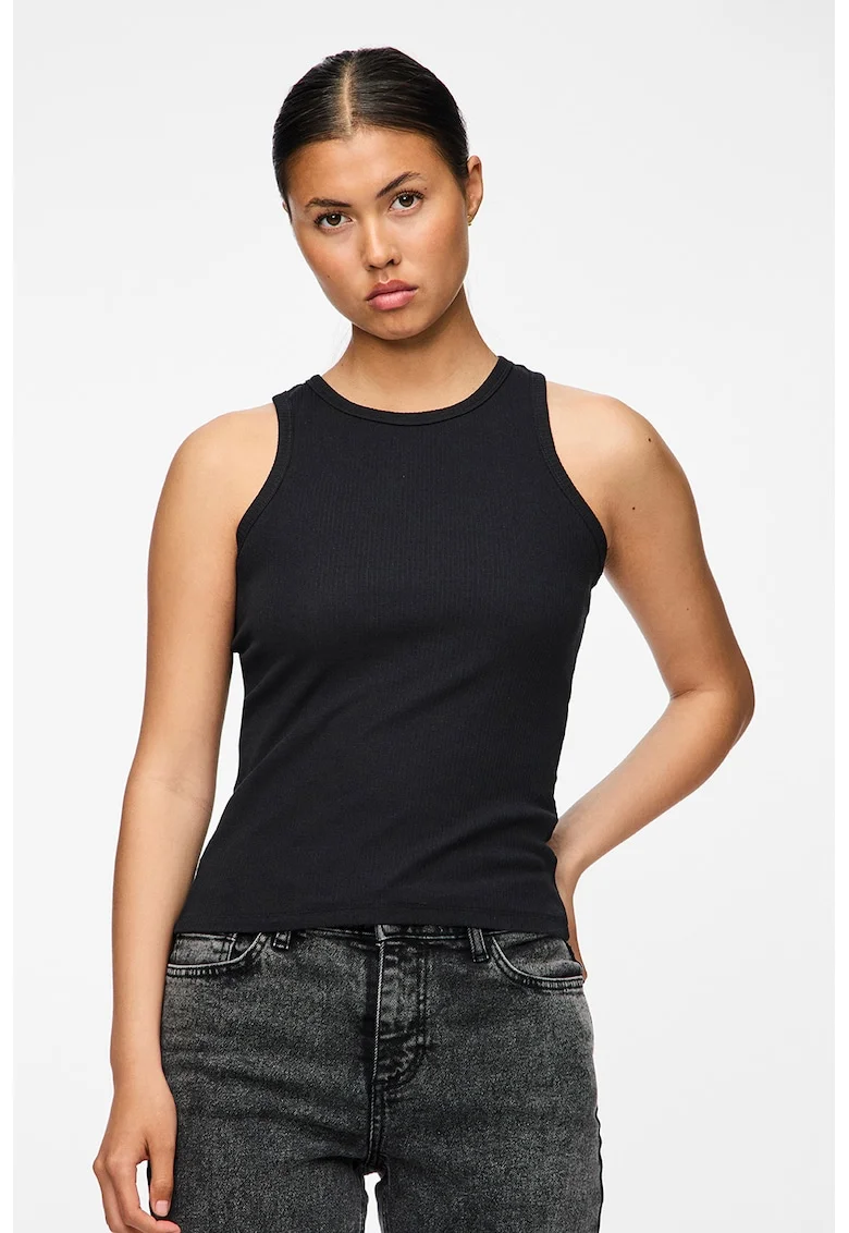 Top slim fit din amestec de bumbac organic, Negru