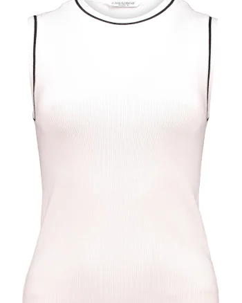 Top slim fit cu decolteu la baza gatului si aspect striat, Negru/Alb murdar