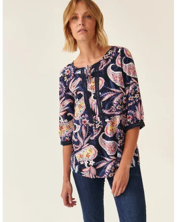 Bluza cu imprimeu floral si maneci 3/4 Mizuria, Rosu/Galben/Bleumarin
