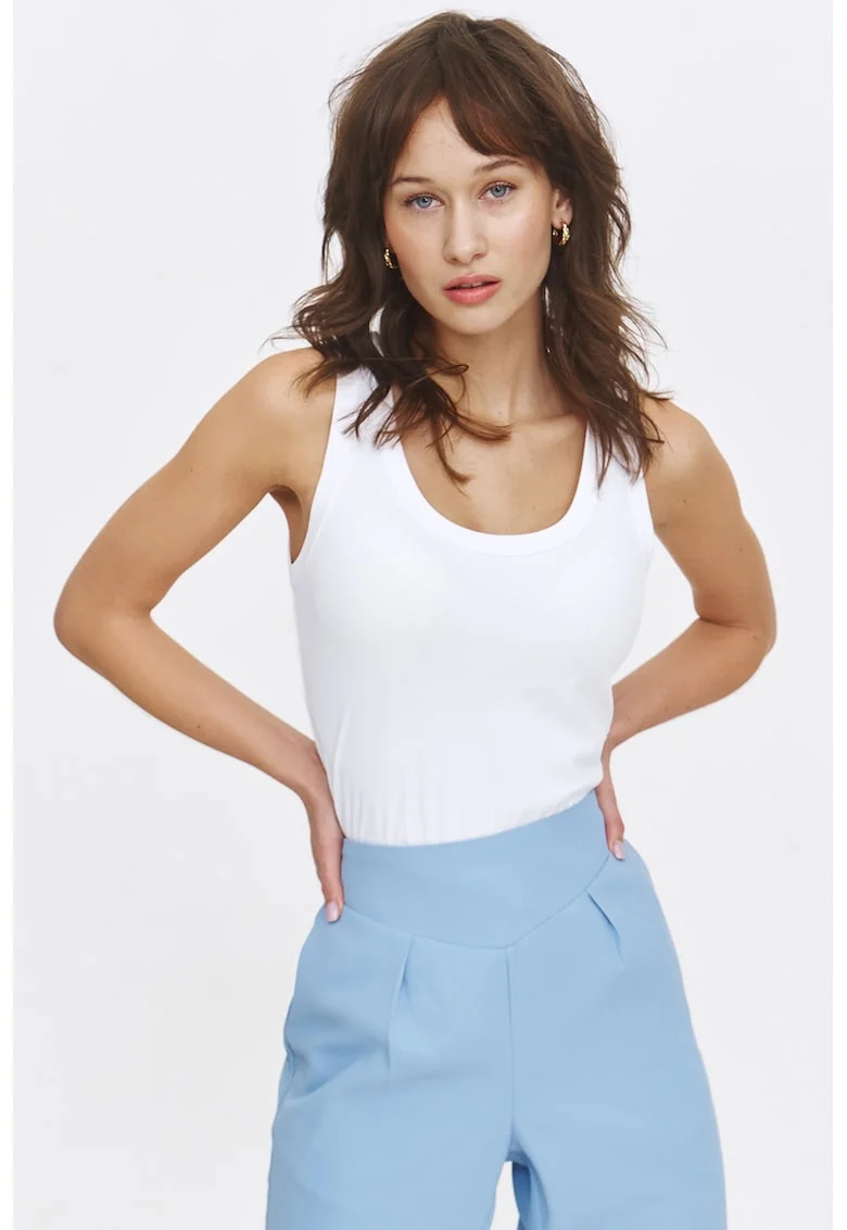 Top uni cu decolteu in rotund, Alb optic