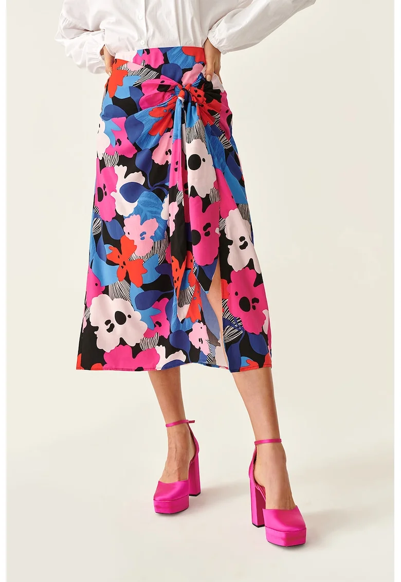 Fusta petrecuta cu model floral Fanna, Rosu/Roz/Albastru