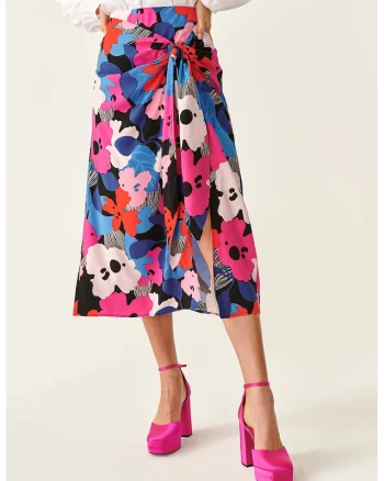 Fusta petrecuta cu model floral Fanna, Rosu/Roz/Albastru