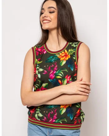 Top din amestec de modal cu model, Portocaliu/Fucsia/Verde feriga