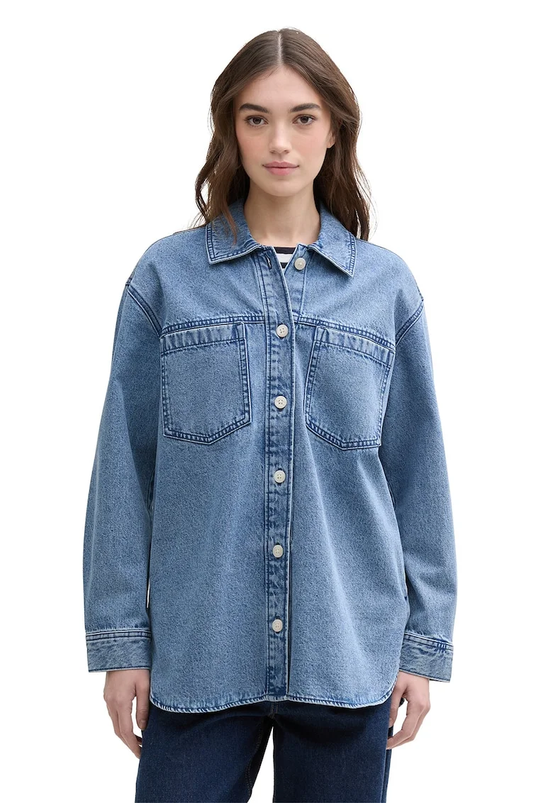 Jacheta lejera din denim cu buzunar pe piept, Albastru melange