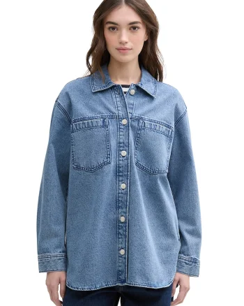 Jacheta lejera din denim cu buzunar pe piept, Albastru melange