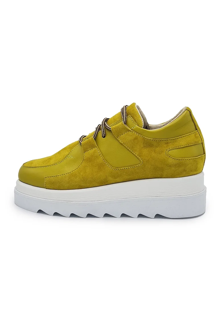 Pantofi din piele si piele intoarsa cu talpa wedge, Galben inchis