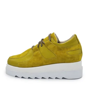 Pantofi din piele si piele intoarsa cu talpa wedge, Galben inchis