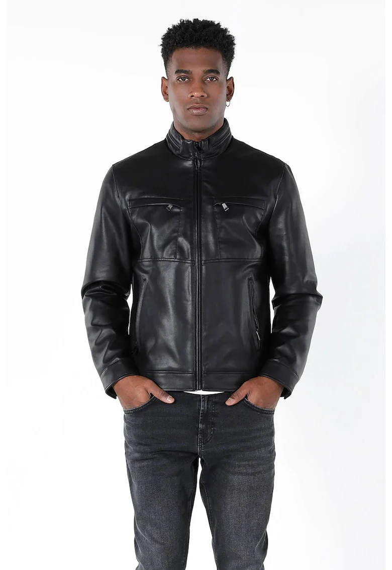 Jacheta slim fit de piele ecologica, Negru